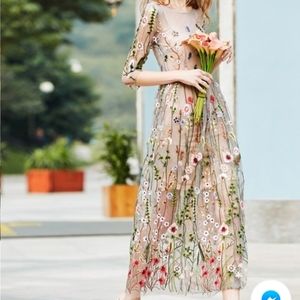 2 piece floral dress gauze needlepoint overlay